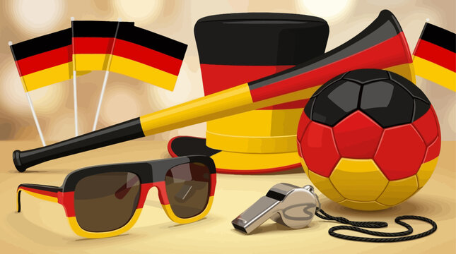 Collection of German Football Fan Accessories Flags, Ball, Horn, and Sunglasses for Sporting Events