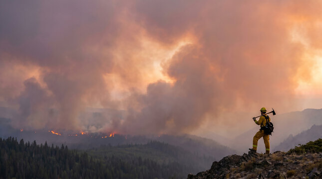 A dedicated wildland firefighter stands vigilant against a raging inferno, symbolizing courage and resilience, especially relevant for National Wildland Firefighter Day