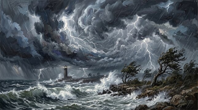 Oil painting of a lighthouse in a stormy sea with lightning and heavy rain