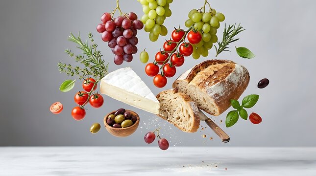 Floating composition of fresh bread, brie cheese, grapes, tomatoes, and herbs
