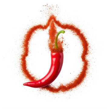 Fresh red chili pepper with a circle of spicy chili powder