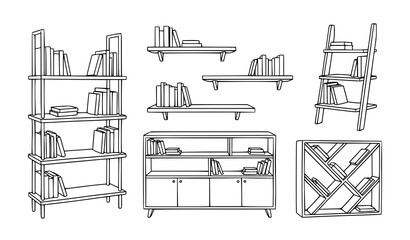 Hand drawn bookshelf outline illustration with wall shelf furniture vector © MdRabbi