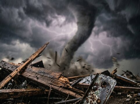 Destructive tornado funnel with lightning causing damage to the landscape