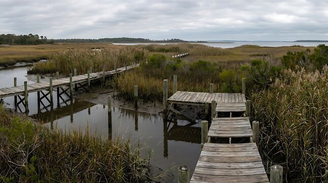 An expansive panoramic view of overgrown coastal docks extending into the calm marshland waters under a cloudy sky at a quiet nature preserve landscape.