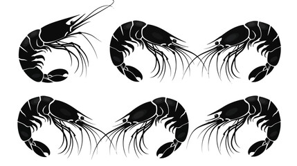 Fototapeta premium Black shrimp silhouette vector set, collection of 6 prawn icons for seafood restaurant branding, minimalist crustacean illustrations on white background