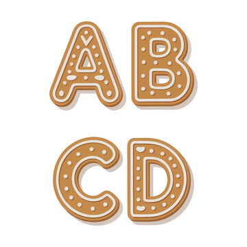 Gingerbread alphabet letters abcd decorated with white icing outlines and dots for christmas holiday baking and seasonal typography