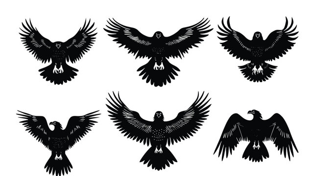 Black raven silhouettes set, 6 flying crow vector illustrations, dark gothic bird icons with spread wings, mystical corvid mascot design elements