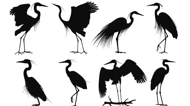 Heron silhouette vector collection, set of 8 black crane and egret bird shapes, standing and flying water bird silhouettes on white background