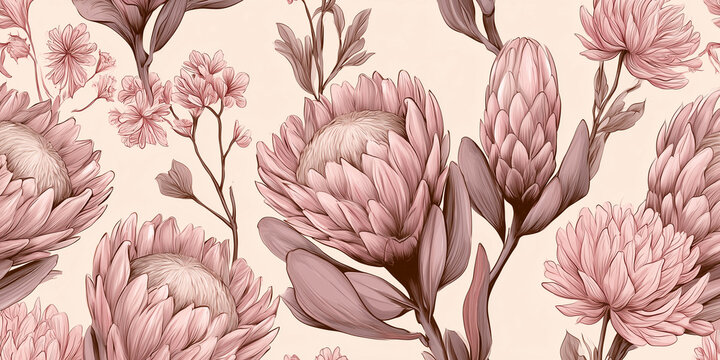 Vintage Pink Protea Botanical Illustration Pattern Background