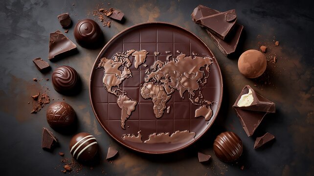 Chocolate world map with assorted chocolates