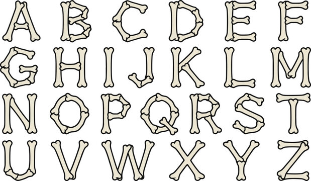 Bone alphabet set with skeleton letters on transparent background for halloween.