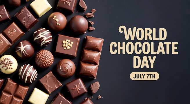 World chocolate day celebration with assorted gourmet chocolates and festive text