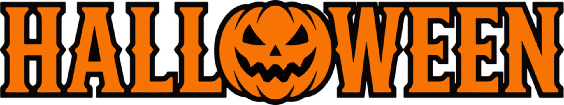 Bold orange halloween text with sinister jack o lantern face in center letter o.