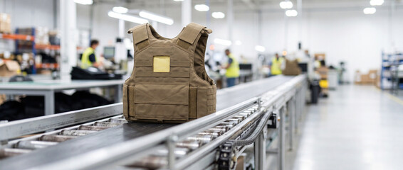 Fototapeta premium Bulletproof vest on conveyor in modern manufacturing factory — tactical body armor production line
