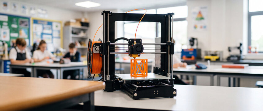 3D printer in school classroom with students learning STEM design and hands-on technology project