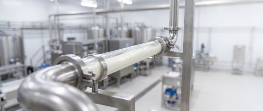 Stainless steel pipeline with flow meter in clean food processing factory for hygienic production