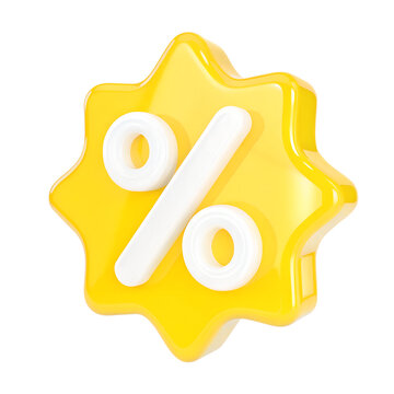 3D Yellow Percentage Discount Badge Icon Isolated on White Background, Glossy Sale Promotion Symbol for Ecommerce Marketing
