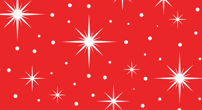 Festive red background is filled with glowing white stars, sparkles, and snow dots, perfect for Christmas celebrations.