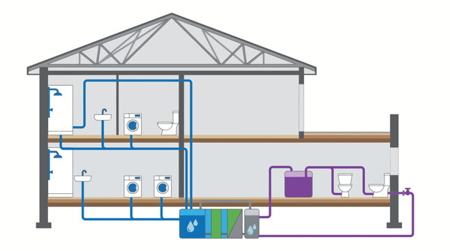 House Cross Section Diagram Showing Internal Plumbing and Water Supply System