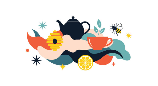 Whimsical herbal tea flat art combines a teapot, an orange slice, a yellow beehive, and a honeybee in soft pastels.