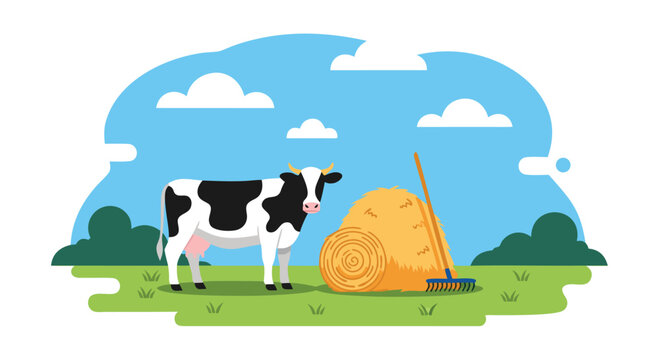 Black and white cow stands peacefully next to a haystack and farming rake in a green pasture under a blue sky.