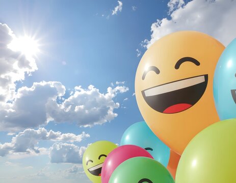 Joyful, cheerful, and vibrant emoji balloons ascend into a sunny, fluffy cloud-filled, azure sky, celebrating happiness and buoyant, carefree emotions with a gregarious disposition
