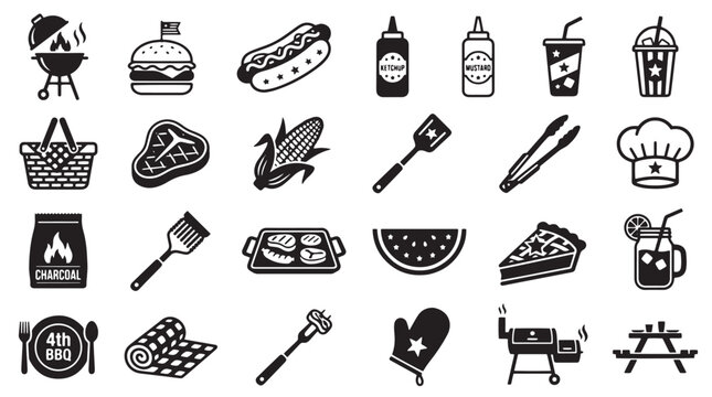 Barbecue and summer picnic icons set, black BBQ grill and food vector elements, outdoor cookout and 4th of July party graphics