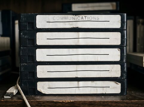A stack of vintage video tapes, each with blank labels ready for filing or data storage, evokes a sense of nostalgic technology and the potential for preserving important information from past