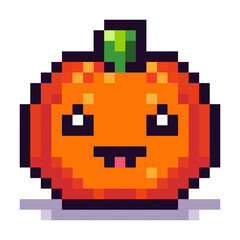 Fototapeta premium A pixel art pumpkin shows a smiling face with big eyes and a small tongue. The pumpkin has a green stem and is on a plain background. It looks cheerful and fun