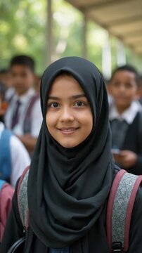 Portrait of smiling muslim teen student at school.