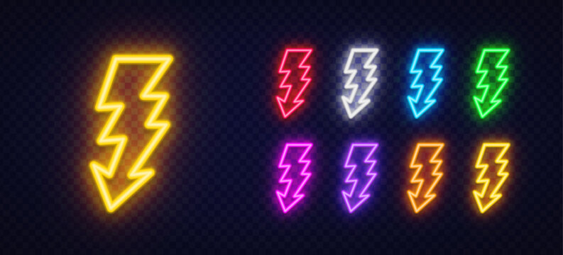 Set of 9 neon lightning bolt icons with wide shape and arrow bottom in yellow, red, blue, green, orange, pink and purple on dark transparent background