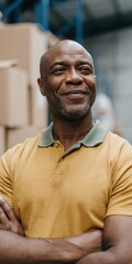 Fototapeta premium Man standing with arms crossed in warehouse environment