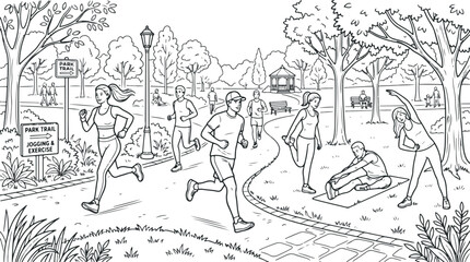Obraz premium People exercising and jogging in a park with trees and signs