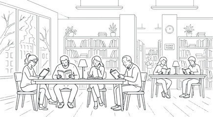 Vector illustration of people reading books in a library setting © Sakib