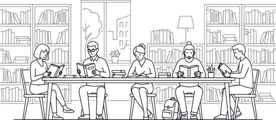 People reading books at a table in a library with bookshelves © Sakib