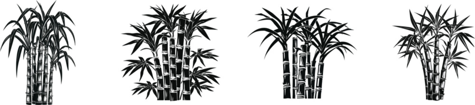 A cluster of tall sugarcane stalks with distinctive node rings and sharp leaves is depicted in a clean industrial style, isolated on a solid white background