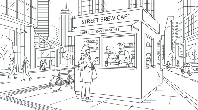 Black and white illustration of a woman ordering coffee at a street cafe