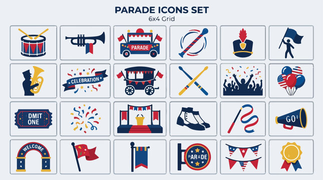 Parade icons set with 24 flat vector elements, marching band and carnival celebration symbols, festival event graphics in red and blue