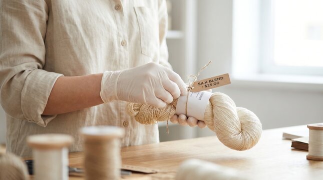 Crafter tying a paper price tag label onto a skein of natural silk blend yarn