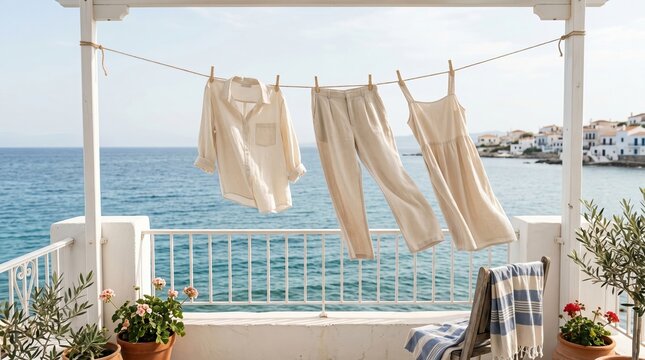 Neutral Summer Clothes Hanging on Balcony with Ocean View