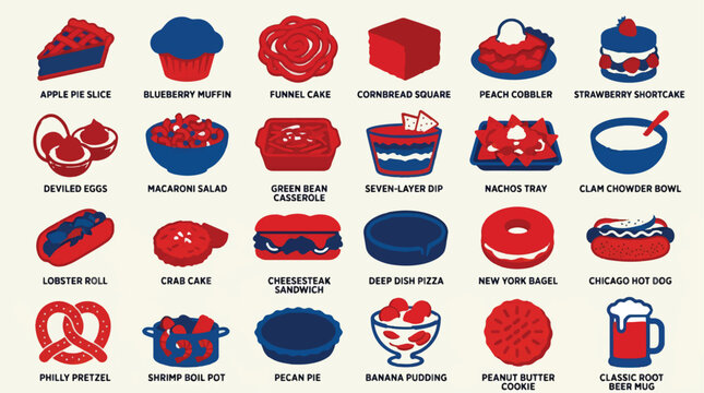 Vintage American food icons set, retro red and blue culinary illustrations, collection of 24 classic regional dish vector graphics