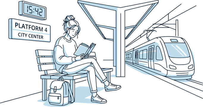 Woman sitting on a bench at a train station reading a book on platform 4