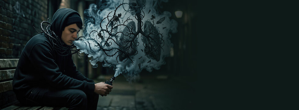 Young man smoking vape on bench with smoke forming human lungs shaped like thorny tree. Concept of harm to health, addiction and danger of nicotine. Banner with copy space