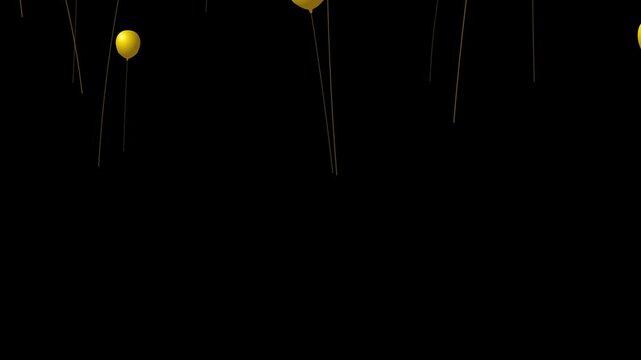 4K Golden yellow balloons rising transition, 3D realistic floating luxury balloon animation, isolated VIP event motion graphic