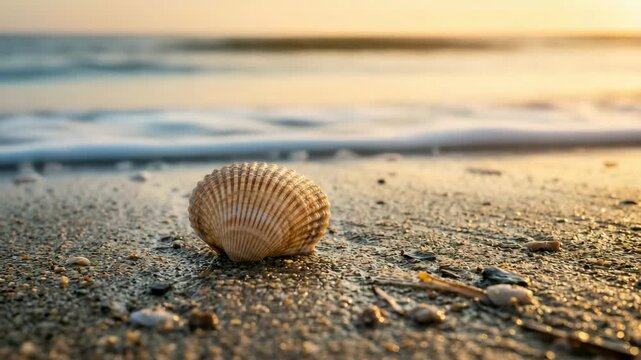 cockle shell on beach at north sea coast netherlands golden light close up video