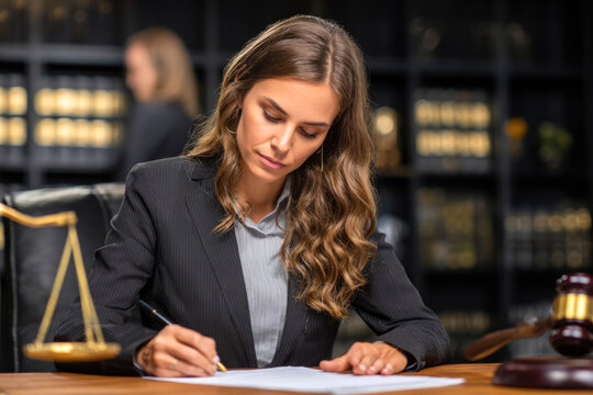 Attractive and gorgeous young female lawyer notes something on her personal book planner in the office. Lawyer, Attorney concept