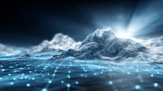 Digital mountain landscape made of connected points, symbolizing data visualization, terrain mapping, and network modeling.
