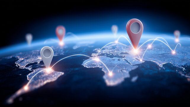 World map with location pins and connection routes, representing global logistics, coverage expansion, and international network planning.
