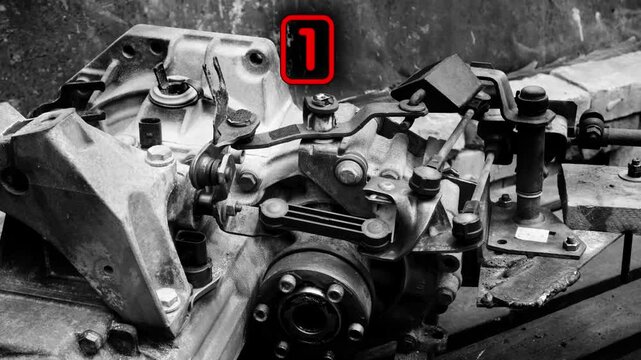 old gear shift box for a front-wheel drive car example of how to shift numbers and letters to understand how the mechanism works black and white video with red fonts