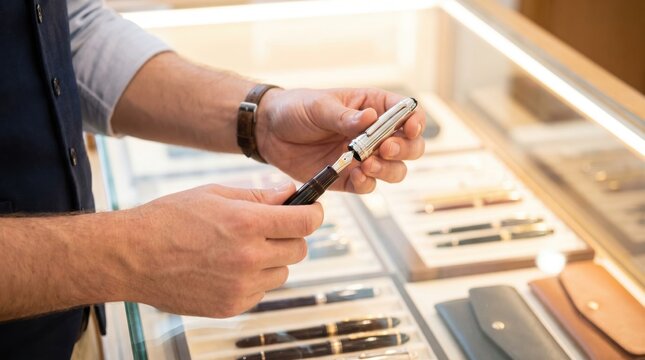 Customer inspecting the gold nib of a luxury fountain pen over a display case in a boutique